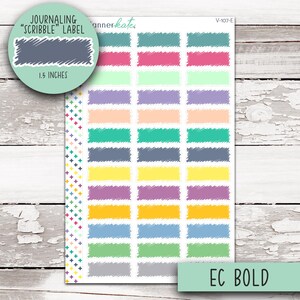 May include: A sheet of rectangular journaling scribble labels featuring a variety of colors including teal, pink, light green, purple, peach, dark blue, yellow, orange, and gray. The labels measure 1.5 inches and include a column of small crosses.