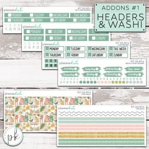 May include: A set of planner stickers with a beach hut theme. The stickers include headers for days of the week, numbers, and washi tape. The washi tape is in green, pink, and yellow.