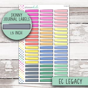 May include: A sheet of colorful skinny journal labels. The labels are rectangular and come in various colors, including pink, orange, yellow, blue, and green. The labels are 1.5 inches long. The text "Skinny Journal Labels" and "EC Legacy" are visible.