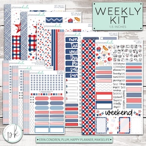 May include: A weekly planner kit with a red, white, and blue gingham pattern. The kit includes a variety of stickers, including functional stickers, full boxes, and a sampler pack. The kit is 1.5 inches in size.