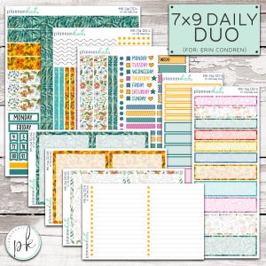 May include: A set of 7x9 daily planner stickers with a floral and leaf design. The stickers are in shades of green, yellow, and pink. The stickers include a weekly planner, daily boxes, and a variety of decorative elements. The text "7x9 Daily Duo (For: Erin Condren)" is printed on the top of the image.