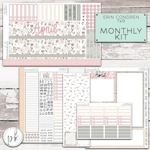 May include: A collection of planner stickers with floral and geometric patterns in pink, beige, and gray. The stickers include labels for days of the week, holidays, and decorative elements. The text "April" and "Erin Condren 7x9 Monthly Kit" are visible.