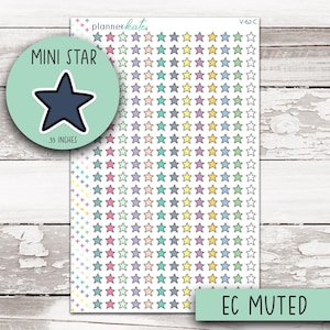 May include: Sheet of planner stickers featuring rows of colorful stars in pastel shades. A circular sticker reads "MINI STAR" with a dark blue star graphic and the measurement ".33 INCHES". The text "EC MUTED" is also visible.