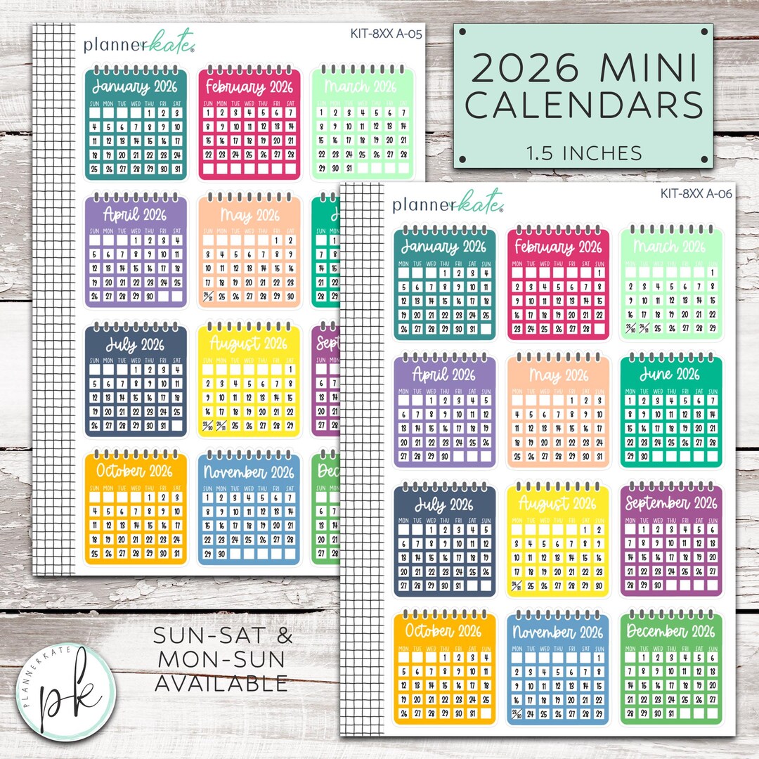 Kit Off Calanders KIT-8XX A-5/6 || 2026 Mini Calendars (sun-sat / Mon-sun) - EC Bold - Etsy