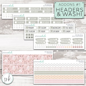 May include: A collection of planner stickers featuring headers, washi tape, and brush stroke designs. The stickers include labels for days of the week, dates, and decorative elements in various colors, including gray, pink, and peach. The text "Addons #1 Headers & Washi" is also visible.