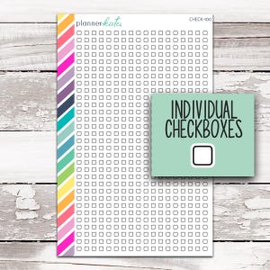 May include: A sticker sheet featuring a vertical column of colorful diagonal stripes on the left side and a grid of small white square checkboxes on the right. The text "plannerkate" appears at the top, and a teal overlay reads "INDIVIDUAL CHECKBOXES".