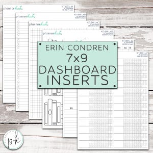 May include: A set of six white paper planner dashboard inserts with black printed grids, checklists, and book illustrations. A central light green rectangular sign features the black text ERIN CONDREN 7x9 DASHBOARD INSERTS. Each sheet includes a product code.