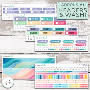 May include: A collection of planner stickers featuring headers, washi tape, and brush stroke designs. The stickers include days of the week, dates, and decorative elements in various pastel colors. The text "ADDONS #1 HEADERS & WASHI" is visible.