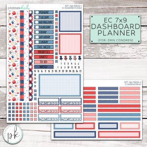 May include: A printable planner kit with a red, white, and blue color scheme. The kit includes a dashboard planner, a weekly planner, and a notes section. The planner is designed for Erin Condren.