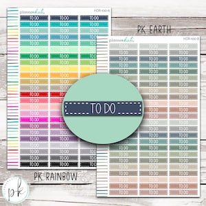 May include: Two sheets of rectangular planner stickers labeled PK RAINBOW and PK EARTH. Each sheet contains rows of small stickers with a dashed border and the text TO DO. The rainbow sheet features a spectrum of colors, while the earth sheet displays muted, natural tones. A circular cutout highlights a single dark blue sticker.