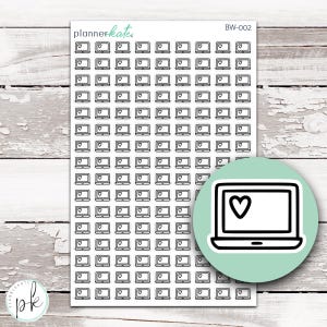 May include: A sheet of black and white laptop stickers with a heart icon on each laptop. The sheet is labeled "plannerkates" and "BW-002".