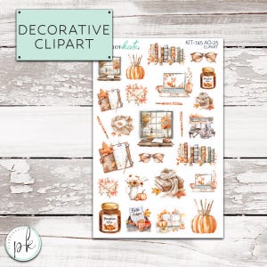 May include: Decorative clipart sheet featuring fall-themed illustrations. The sheet includes images of pumpkins, books, eyeglasses, laptops, and stationery. The color palette is warm, with shades of orange, brown, and beige. The text "Decorative Clipart" is visible.