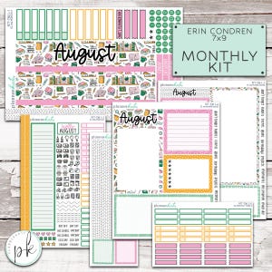 May include: A planner kit for August with various stickers and inserts. The kit includes decorative strips, functional stickers, and note pages. The color scheme features green, pink, yellow, and white, with a book and stationery theme. The kit is designed for a 7x9 inch planner.