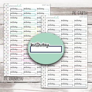 May include: A sheet of colorful birthday stickers with the word "birthday" written in black cursive. The stickers are arranged in rows and columns, with each sticker featuring a blank space for writing a name or date. The stickers are designed for use in planners, journals, and other paper goods.