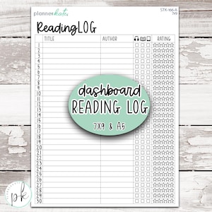 May include: A white paper reading log sheet with black text and lines. The header reads Reading LOG. It features thirty numbered rows with columns for title, author, format icons, and a five-star rating system. A mint green oval overlay reads dashboard READING LOG 7X9 & A5.