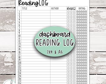 May include: A white paper reading log sheet with black text and lines. The header reads Reading LOG. It features thirty numbered rows with columns for title, author, format icons, and a five-star rating system. A mint green oval overlay reads dashboard READING LOG 7X9 & A5.