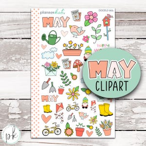 May include: A sticker sheet titled plannerkate DOODLE-005 MAY featuring colorful illustrations of garden items including a green watering can, yellow rain boots, bicycles, gnomes, flowers, hearts, birds, a birdhouse, and gardening tools.