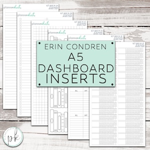 May include: A set of white paper planner inserts labeled ERIN CONDREN A5 DASHBOARD INSERTS on a light green rectangular overlay. The inserts feature various black grid, list, and book-themed layouts with the plannerkate logo at the top.