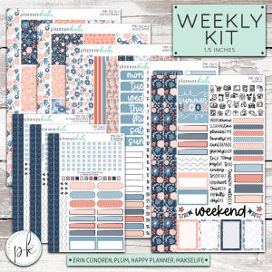 May include: A weekly planner sticker kit with a floral theme in shades of blue, pink, and white. The kit includes a variety of stickers for daily tasks, appointments, and events. The stickers are 1.5 inches in size and are designed for use with Erin Condren, Plum, Happy Planner, and Makselife planners.