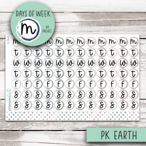 May include: A sheet of stickers with various days of the week, including Monday, Tuesday, Wednesday, Thursday, Friday, Saturday, and Sunday. The stickers are in a variety of colors and patterns, including blue, green, brown, and white. The stickers are 0.65 inches in diameter.