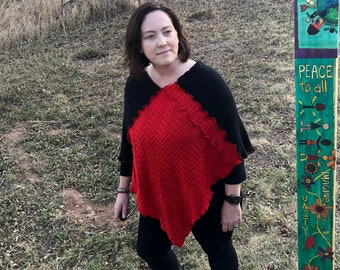 Women's One Size Upcyled Red and Black Patchwork Sweater Poncho made with Repurposed Materials