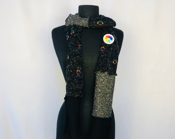 Upcycled Patchwork Sweater Scarf made with Repurposed Sweaters in colors of Black and with patterns that are colorful and rainbow
