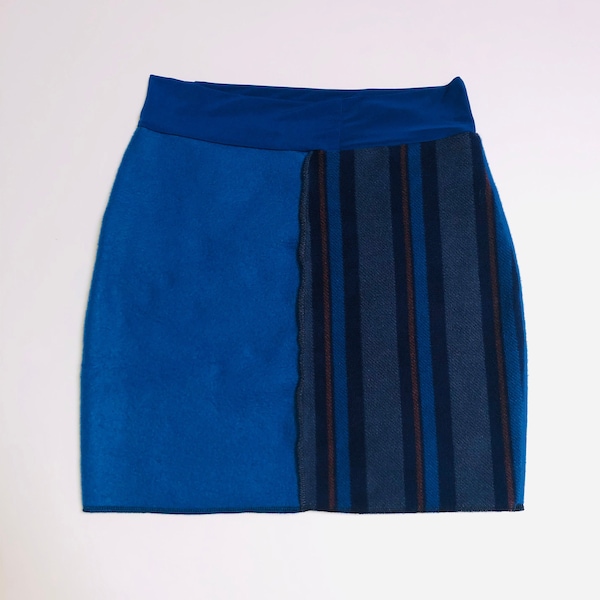 Women's Size Small Blue and Striped Upcycled Fleece Pencil Skirt