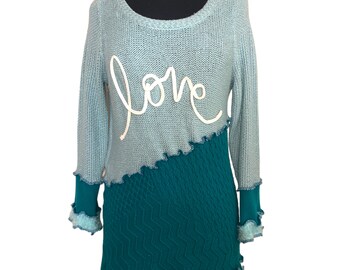 Women's Size Small Upcycled Dark Teal and Light Silver Sparkly Teal Repurposed Scoop Neck Sweater with the word Love