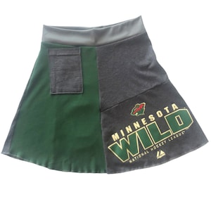 Women&#39;s Size Large Upcycled Patchwork Repurposed Minnesota Wild Hockey T-Shirt Skirt with a Pocket