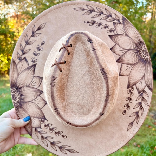 Wild Child Sunflowers - Authentic Hand Burned Hat, Best Seller, Concert, Wildflowers, Wide Brim, Cowboy, Concert, custom, rodeo, floral