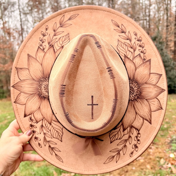 Faith Can Move MOUNTAINS- Authentic Hand Burned Hat, Wild Child, Best Seller, Cowboy, Wide Brim, Cross, Bible, Church, sunflowers,