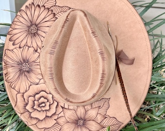 Wild Child side hustle  - Authentic Hand Burned Hat, best seller, wildflowers, concert, wide brim, cowboy, floral, rodeo, wedding, cowgirls