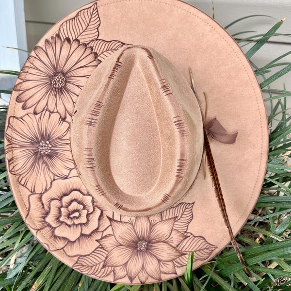 Wild Child side hustle  - Authentic Hand Burned Hat, best seller, wildflowers, concert, wide brim, cowboy, floral, rodeo, wedding, cowgirls