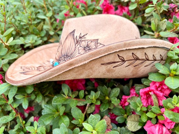 Floral Cowboy With Stone Band - Authentic Hand Burned Hat  display picture 1