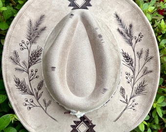 Aztec  - Authentic Hand Burned Hat, Wild child, best seller, wide brim, cowboy, concert, rodeo, wedding, Spanish, native, nature, leaves