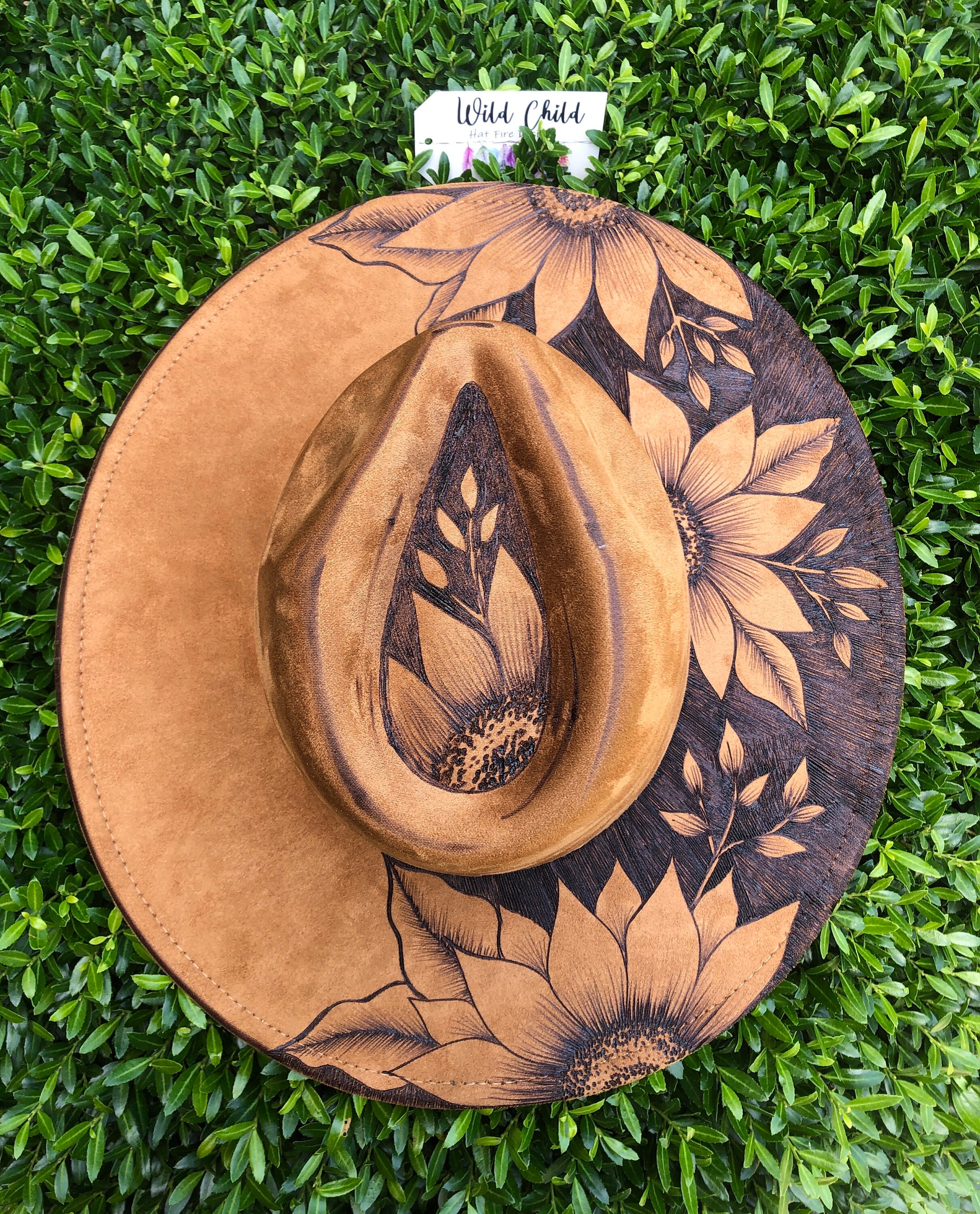 Wild Child Black Wide-Brim Hat with Gold Colored Sunflower Engraving Wild Child Cowboy Floral Authentic Hand Burned Hat  main image 3