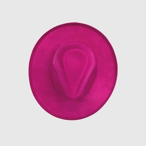 Pu&ograve; includere: Un cappello fedora color rosa acceso visto direttamente dall'alto. Il cappello presenta una tesa larga e circolare e una corona strutturata e rientrata con una consistenza liscia e uniforme simile al feltro su tutta la superficie.