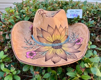 Wild Child Burned, Painted  Sunflowers - Authentic Handmade Hat, Cowboy, Rodeo, Wildflower, Concert, Best Seller, Floral,  southwestern