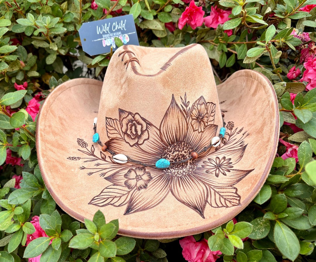 Floral Cowboy With Stone Band - Authentic Hand Burned Hat  display picture 2