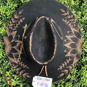Wild Child Sunflowers - Authentic Hand Burned Hat, Best Seller, Concert, Wildflowers, Wide Brim, Cowboy, Concert, custom, rodeo, floral Wool Black