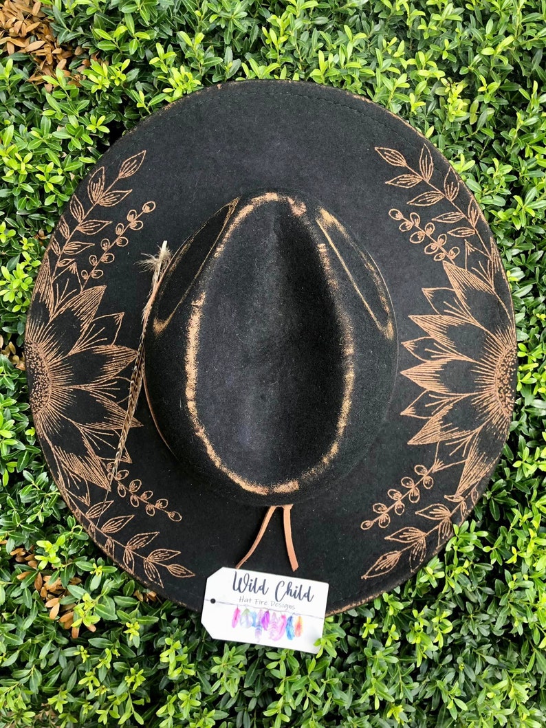 Wild Child Sunflowers - Authentic Hand Burned Hat, Best Seller, Concert, Wildflowers, Wide Brim, Cowboy, Concert, custom, rodeo, floral Wool Black