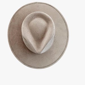Pu&ograve; includere: Un cappello fedora a tesa larga di colore tortora uniforme, caratterizzato da una rientranza a goccia sulla corona e da una tesa piatta e strutturata. La superficie del cappello presenta una consistenza uniforme simile al feltro, vista dall'alto.