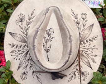 Stems - Authentic Hand Burned Hat, wild child, best seller, floral, wide brim, cowboy, concert, wildflower, peacock, custom