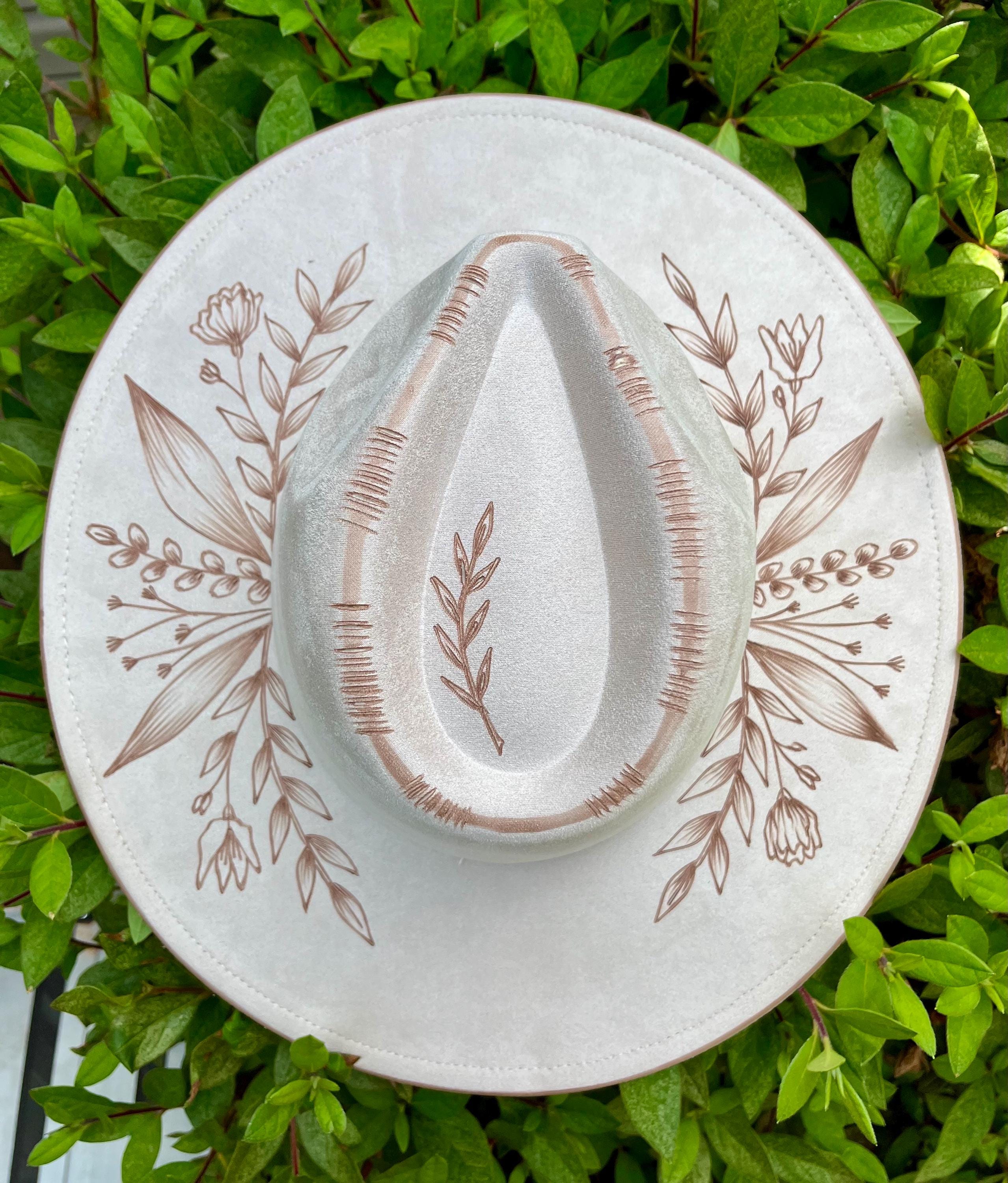 Stems - Authentic Hand Burned Hat, wild child, best seller, floral, wide brim, cowboy, concert, wildflower, peacock, custom