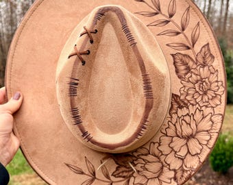 Peony - Authentic Hand Burned Hat, Cowboy, Rodeo, Wildflower, Concert, Best Seller, Floral,  Cowgirl,