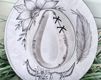 Wild Child Bull Skull - Authentic Hand Burned Hat, Best Seller, Wild child, southwestern, Cowboy, Concert, Sunflower, Feather, Rodeo
