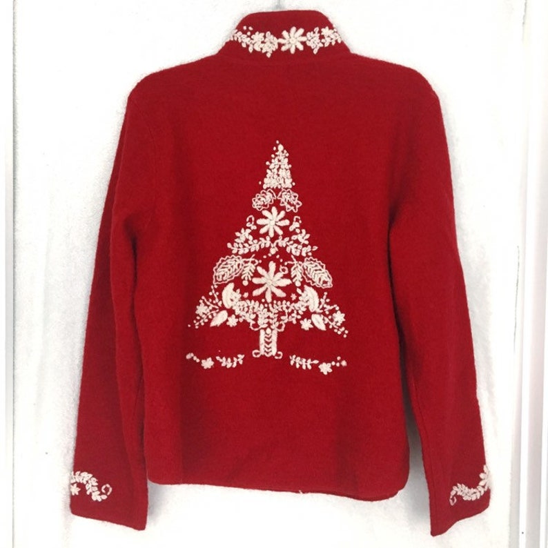 Size Large Vintage Christmas Embroidered Zip Up Sweater Cardigan Jacket Wool Red White Xmas Tree Hygge Flowers Ugly Classy Holiday Party