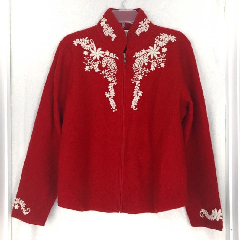 Size Large Vintage Christmas Embroidered Zip Up Sweater Cardigan Jacket Wool Red White Xmas Tree Hygge Flowers Ugly Classy Holiday Party