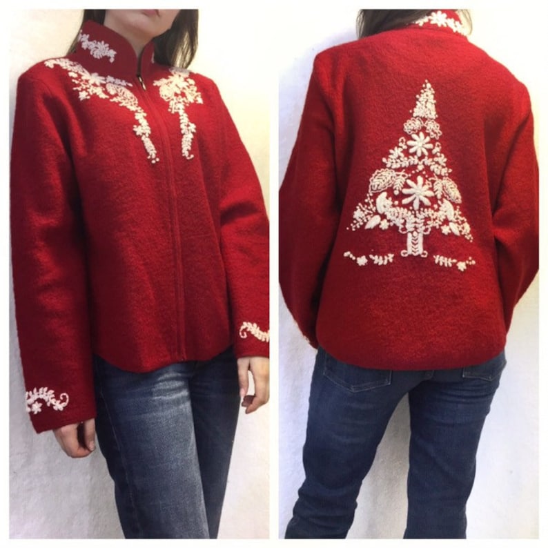 Size Large Vintage Christmas Embroidered Zip Up Sweater Cardigan Jacket Wool Red White Xmas Tree Hygge Flowers Ugly Classy Holiday Party