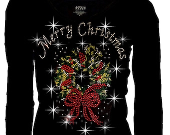 Womens Tops Shirts Rhinestone T-Shirt,Bling Bling Merry Christmas with Wreath Long Sl S~4XL